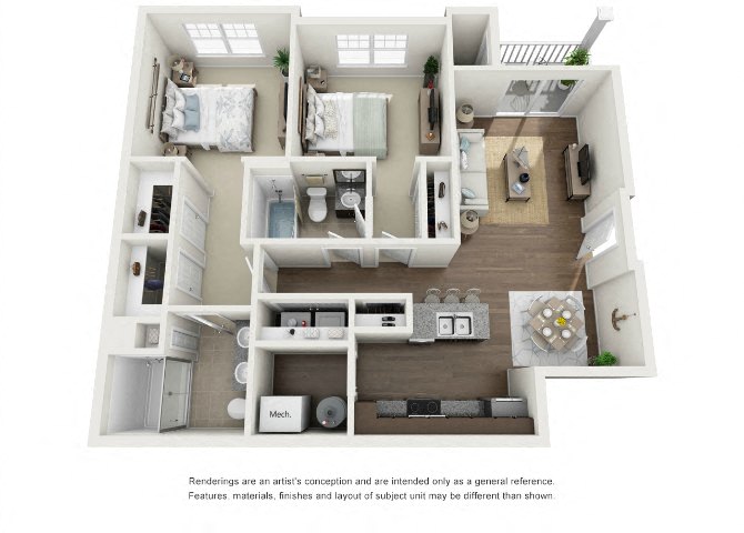 Floor plan for 2 beds, 2 baths, 1045 sqft